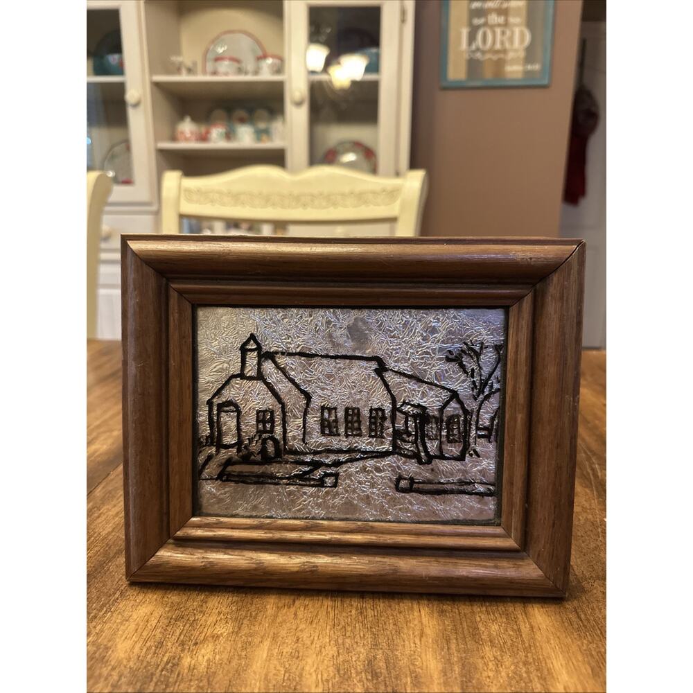 Vintage Reverse Painted Foil Art Church Scene Wooden Frame Folk Art Mid Century
